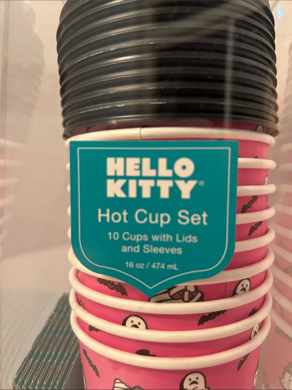 Hello Kitty Pink and Black Halloween Hot Cup Set. 10 cups with lids.